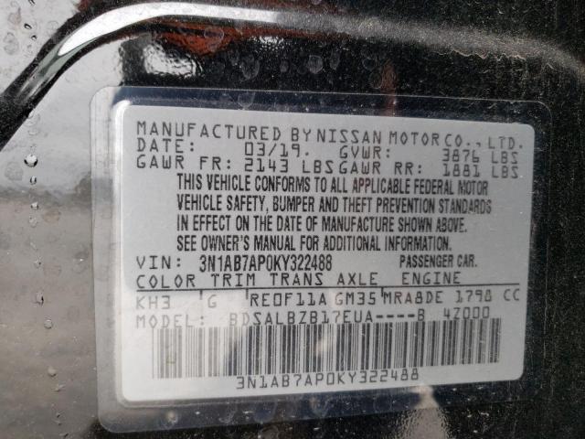 3N1AB7AP0KY322488 - 2019 NISSAN SENTRA S BLACK photo 12