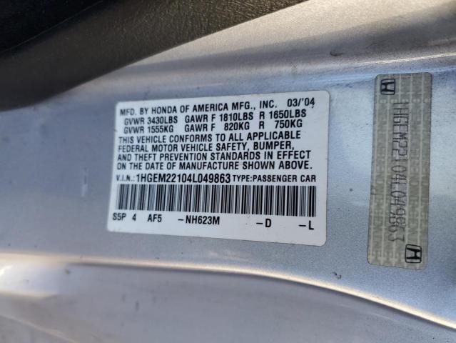 1HGEM22104L049863 - 2004 HONDA CIVIC DX VP SILVER photo 12