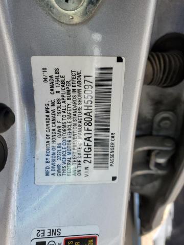 2HGFA1F80AH550971 - 2010 HONDA CIVIC EX SILVER photo 12