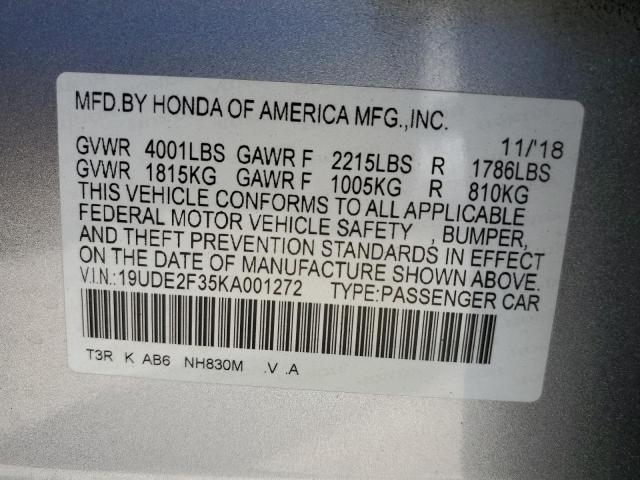 19UDE2F35KA001272 - 2019 ACURA ILX SILVER photo 12