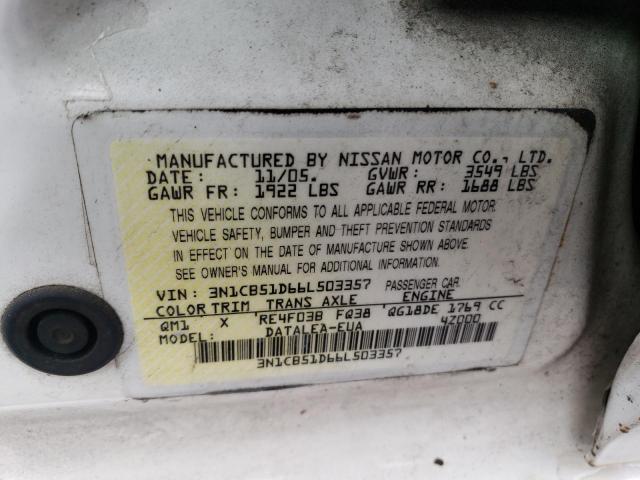 3N1CB51D66L503357 - 2006 NISSAN SENTRA 1.8 WHITE photo 12