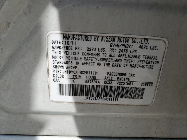 JN1DV6AP8CM811191 - 2012 INFINITI G25 BASE WHITE photo 12