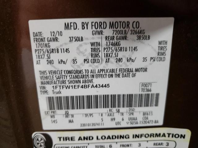 1FTFW1EF4BFA43445 - 2011 FORD F150 SUPERCREW BROWN photo 12