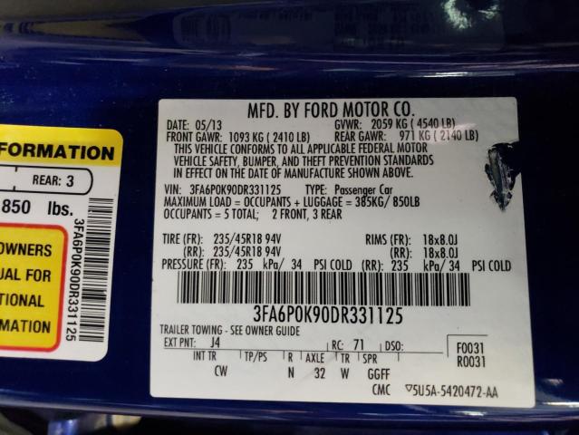 3FA6P0K90DR331125 - 2013 FORD FUSION TITANIUM BLUE photo 12