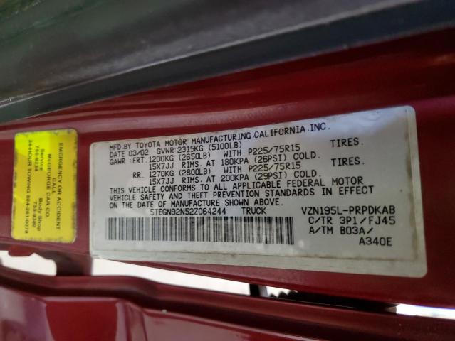 5TEGN92N52Z064244 - 2002 TOYOTA TACOMA DOUBLE CAB PRERUNNER RED photo 12