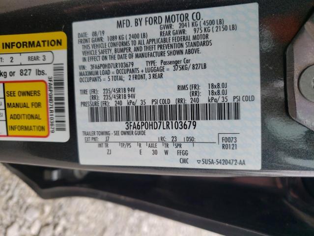 3FA6P0HD7LR103679 - 2020 FORD FUSION SE GRAY photo 12