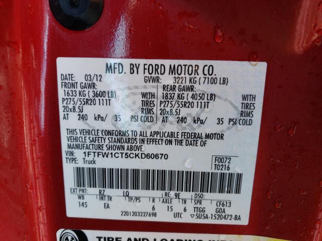 1FTFW1CT5CKD60670 - 2012 FORD F150 SUPERCREW RED photo 12