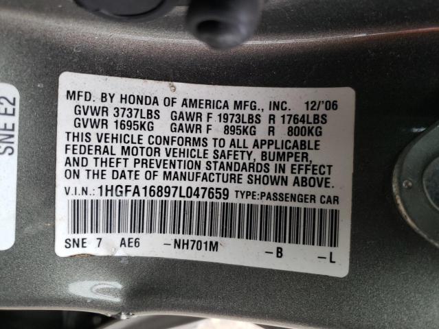 1HGFA16897L047659 - 2007 HONDA CIVIC EX GRAY photo 12