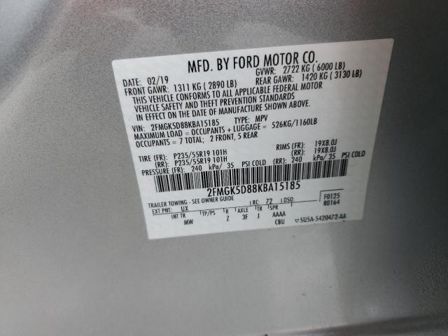 2FMGK5D88KBA15185 - 2019 FORD FLEX LIMITED SILVER photo 12