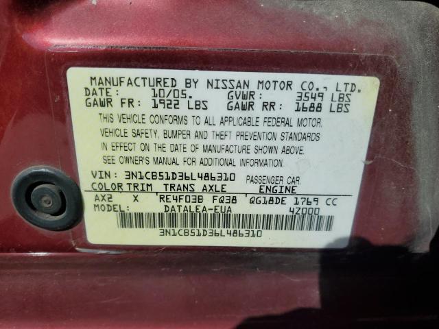 3N1CB51D36L486310 - 2006 NISSAN SENTRA 1.8 BURGUNDY photo 13