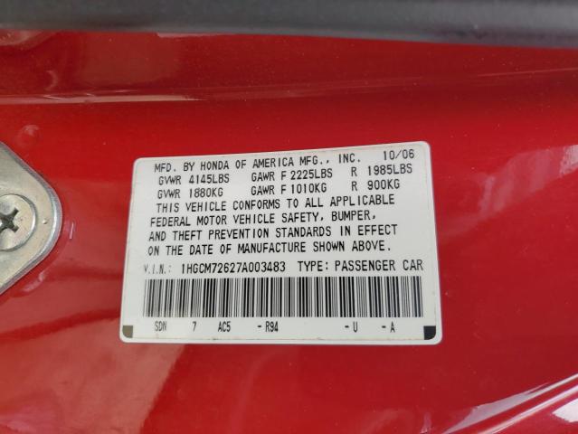 1HGCM72627A003483 - 2007 HONDA ACCORD EX RED photo 12