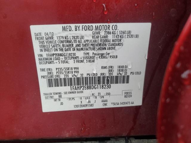 1FAHP2E88DG118230 - 2013 FORD TAURUS SEL RED photo 12