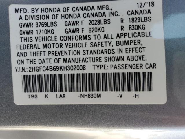 2HGFC4B69KH302008 - 2019 HONDA CIVIC LX GRAY photo 12