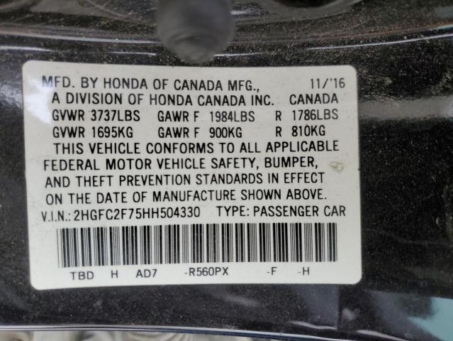 2HGFC2F75HH504330 - 2017 HONDA CIVIC EX BLACK photo 12