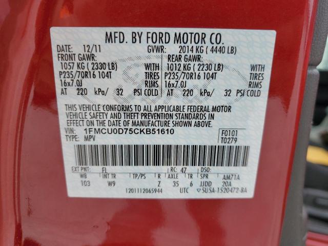 1FMCU0D75CKB51610 - 2012 FORD ESCAPE XLT RED photo 13