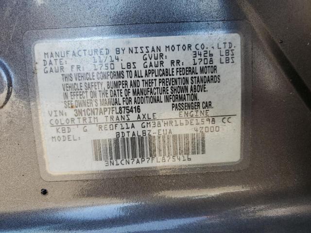 3N1CN7AP7FL875416 - 2015 NISSAN VERSA S GRAY photo 13