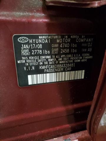 KMHFC46D88A328481 - 2008 HYUNDAI AZERA GLS BURGUNDY photo 12