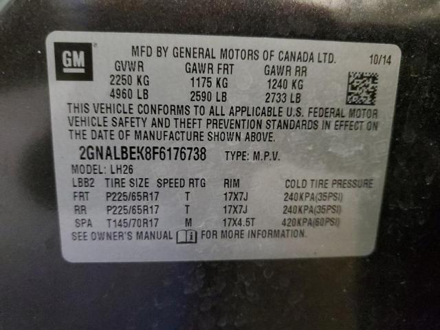 2GNALBEK8F6176738 - 2015 CHEVROLET EQUINOX LT GRAY photo 12