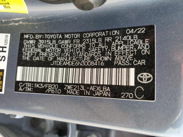 JTDEAMDE6N3008416 - 2022 TOYOTA COROLLA LE GRAY photo 12