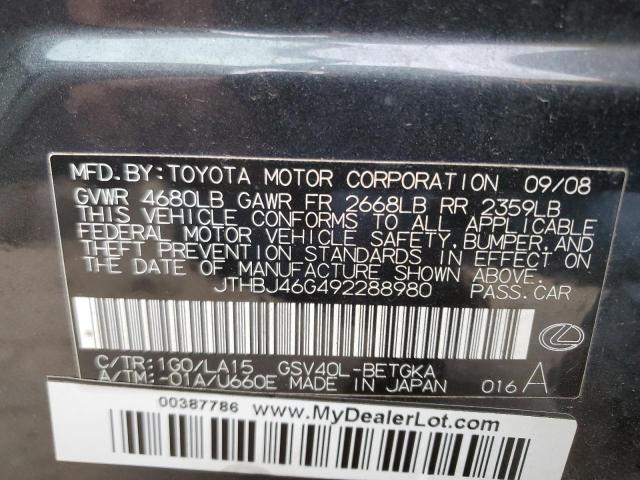 JTHBJ46G492288980 - 2009 LEXUS ES 350 CHARCOAL photo 12