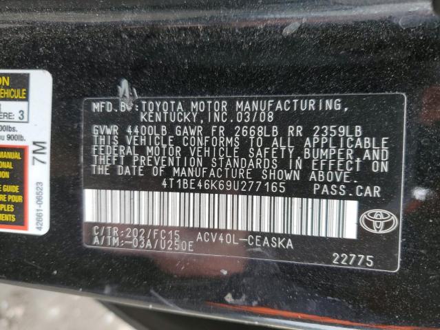 4T1BE46K69U277165 - 2009 TOYOTA CAMRY BASE BLACK photo 12