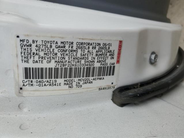 JT2BF22K610334920 - 2001 TOYOTA CAMRY CE WHITE photo 12