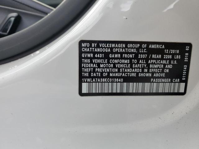 1VWLA7A38KC013640 - 2019 VOLKSWAGEN PASSAT WOLFSBURG 白色 照片 12