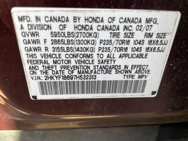 2HKYF18697H532313 - 2007 HONDA PILOT EXL MAROON photo 10