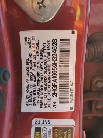 2HGFA16659H324628 - 2009 HONDA CIVIC LX-S 红色 照片 12