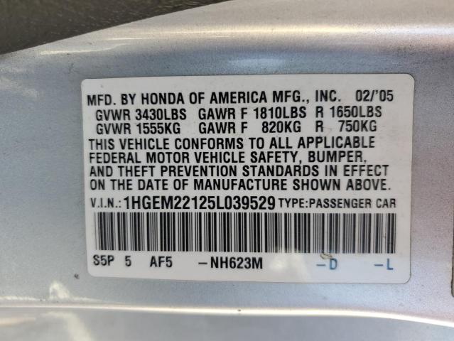 1HGEM22125L039529 - 2005 HONDA CIVIC DX VP ვერცხლისფერი ფოტო 12