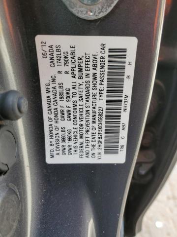 2HGFB2F5XCH568227 - 2012 HONDA CIVIC LX GRAY photo 12