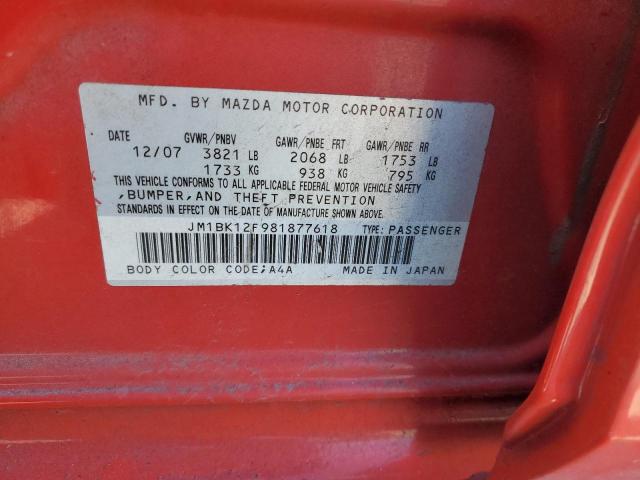 JM1BK12F981877618 - 2008 MAZDA 3 I RED photo 12