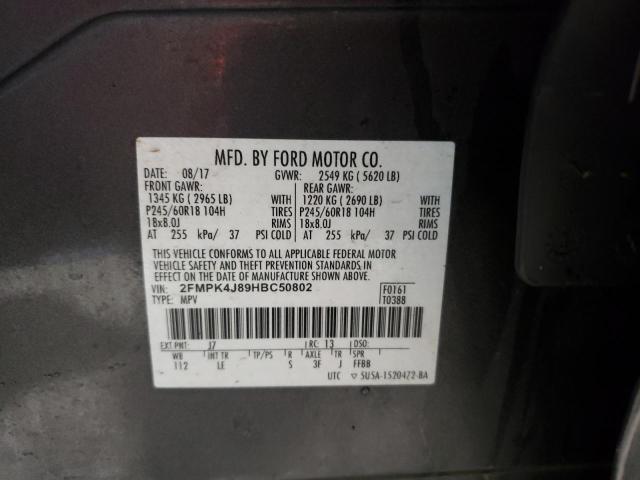 2FMPK4J89HBC50802 - 2017 FORD EDGE SEL CHARCOAL photo 12