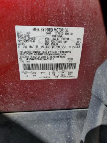 1FMHK8F88CGA52802 - 2012 FORD EXPLORER LIMITED RED photo 13