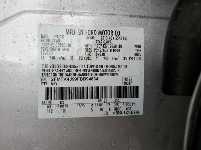 2FMTK4J99FBB94834 - 2015 FORD EDGE SEL SILVER photo 13