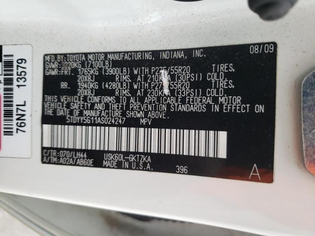 5TDYY5G11AS024247 - 2010 TOYOTA SEQUOIA PLATINUM WHITE photo 12