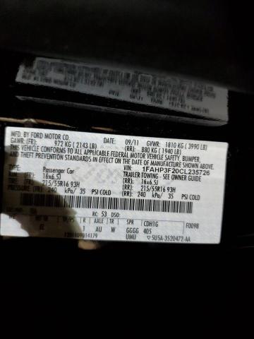 1FAHP3F20CL235726 - 2012 FORD FOCUS SE BLACK photo 12