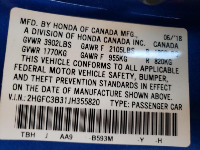 2HGFC3B31JH355820 - 2018 HONDA CIVIC EX BLUE photo 12