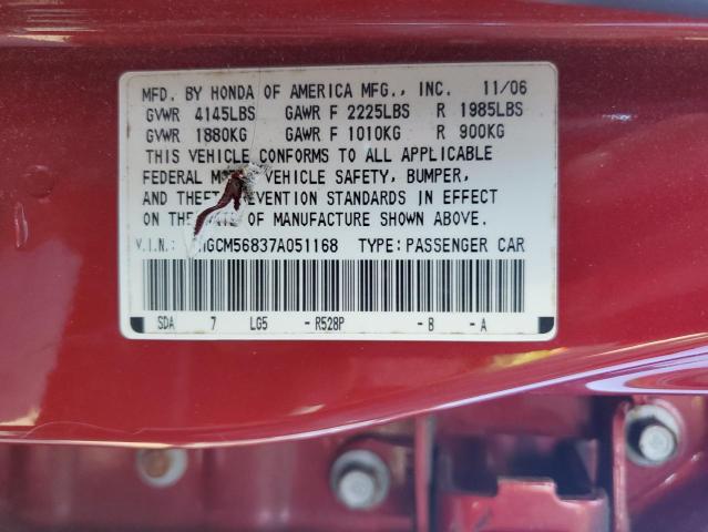 1HGCM56837A051168 - 2007 HONDA ACCORD EX RED photo 12