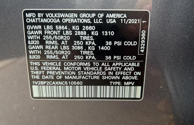 1V2BP2CAXNC510560 - 2022 VOLKSWAGEN ATLAS SEL GRAY photo 10