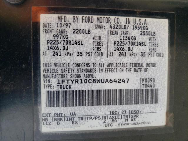 1FTYR10C8WUA64247 - 1998 FORD RANGER BLACK photo 12