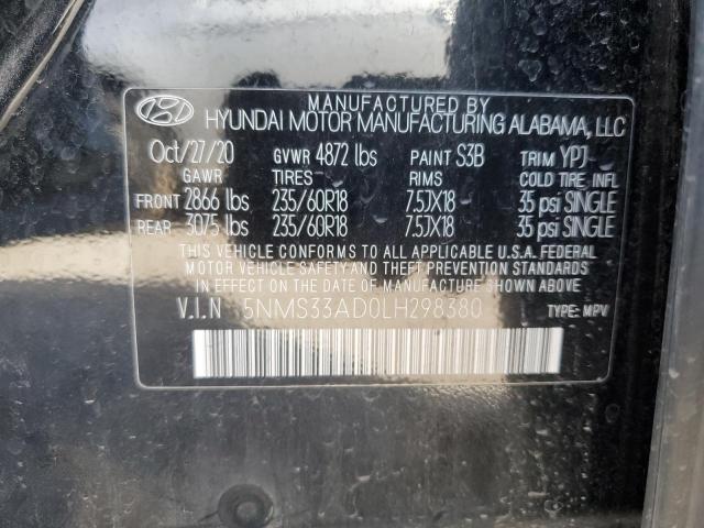 5NMS33AD0LH298380 - 2020 HYUNDAI SANTA FE SEL BLACK photo 12