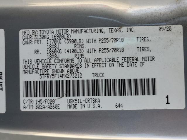 5TFRY5F14MX273212 - 2021 TOYOTA TUNDRA DOUBLE CAB SR/SR5 GRAY photo 13