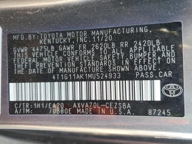 4T1G11AK1MU524933 - 2021 TOYOTA CAMRY SE GRAY photo 13