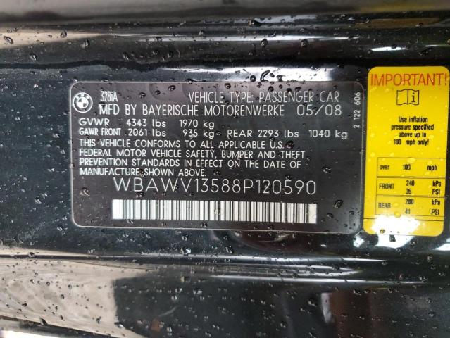 WBAWV13588P120590 - 2008 BMW 3 SERIES I SULEV BLACK photo 12