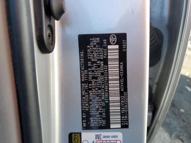 4T1BE46K27U622432 - 2007 TOYOTA CAMRY CE SILVER photo 12