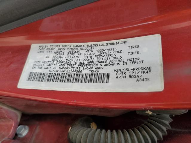 5TEGN92N02Z144566 - 2002 TOYOTA TACOMA DOUBLE CAB PRERUNNER RED photo 12
