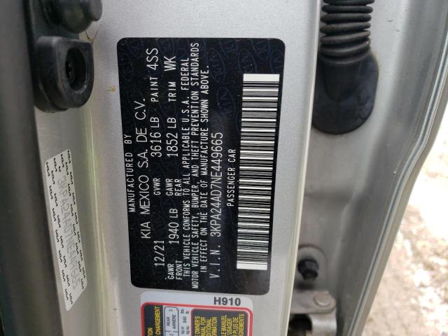 3KPA24AD7NE449665 - 2022 KIA RIO LX SILVER photo 12