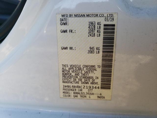 1N4BL4BV8KC219344 - 2019 NISSAN ALTIMA S WHITE photo 12