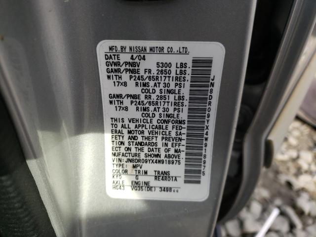 JN8DR09YX4W918975 - 2004 NISSAN PATHFINDER LE ვერცხლისფერი ფოტო 12